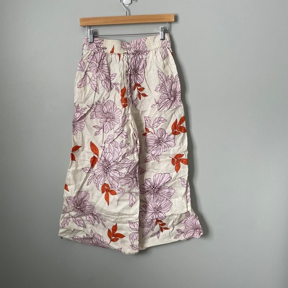 RACHEL Rachel Roy Floral Wide Leg Pants Cream Orange 100% Linen Women's Small - Picture 2 of 8